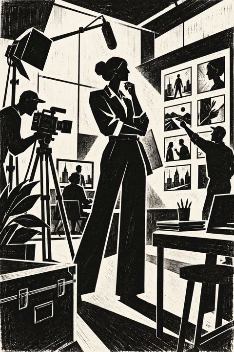 Black-and-white artwork of a creative team bringing a visual story to life