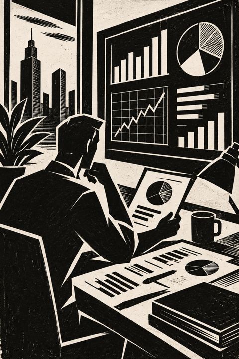 Black-and-white artwork of an analyst studying charts and evidence
